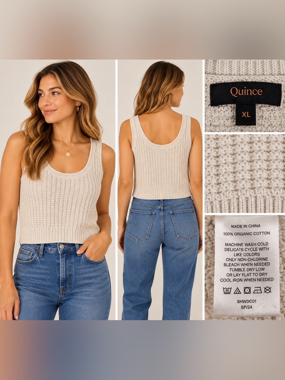 Quince 100% Organic Cotton Waffle Cropped Sweater Tank Ivory XL